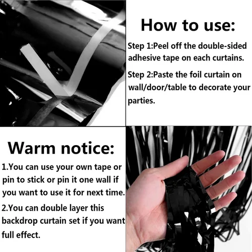 Miniatura 3 de Paquete de 4 cortinas de flecos de papel de aluminio negro telón de fondo, 3.28 pies x 8.2 pies, cortinas de serpentinas de oropel metálico