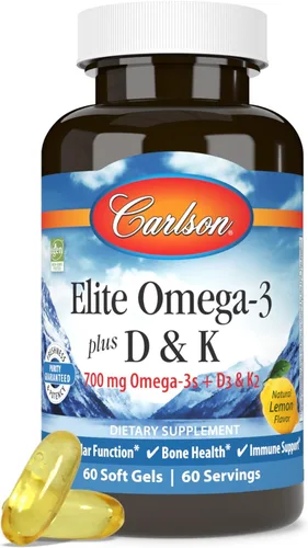 Miniatura 5 de Carlson - Elite Omega-3 Plus D & K, 700 mg Omega-3s + D3 y K2, función, salud ósea y apoyo inmunológico, limón, 60 cápsulas blandas