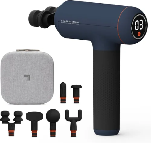 Sharper Image Pistola de masaje de percusión de tejido profundo, masajeador de mano recargable Powerboost Max, 7 velocidades ajustables, 6 cabezales