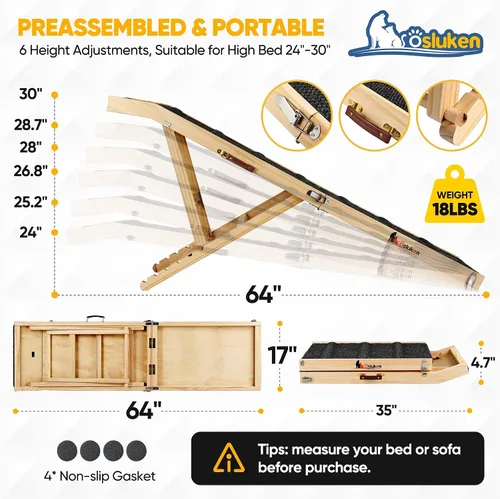 Miniatura 5 de Rampa para perros para cama, rampa plegable L64 W17 para perros pequeños y grandes, rampas para perros para camas altas de automóvil, alta tracción