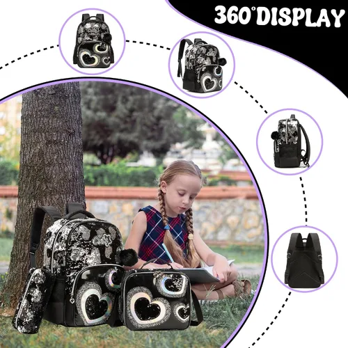 Miniatura 33 de Mochila para niñas de 16 pulgadas, mochilas para niñas para la escuela, mochila de lentejuelas con lonchera para estudiantes de primaria