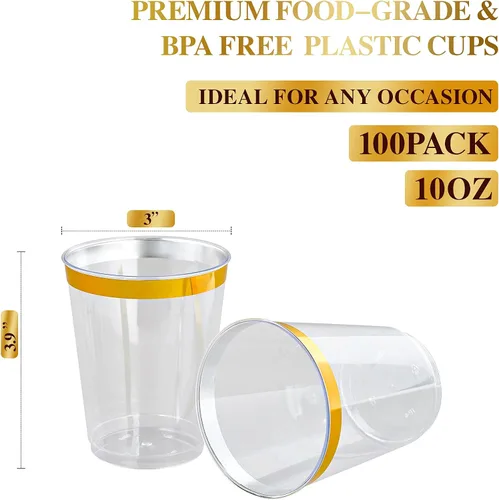Miniatura 2 de FOCUSLINE Vasos de plástico dorado de 10 onzas, vasos desechables de plástico duro transparente, borde dorado, resistentes, reutilizables, 100