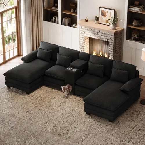 Sofá nube en forma de U de 130 pulgadas con casa para gatos, sofá modular de gran tamaño para sala de estar, cómodo sofá grande de chenilla, juego