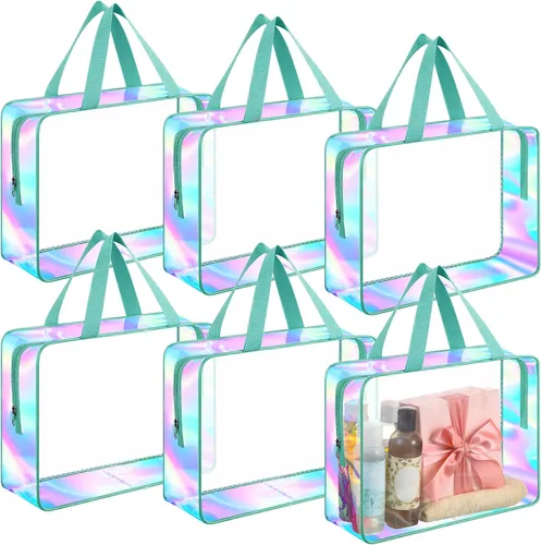 Miniatura 9 de Sweetude Bolsa de aseo transparente grande con asa, bolsa de maquillaje de playa iridiscente de gran capacidad, bolsa de maquillaje de PVC Azul