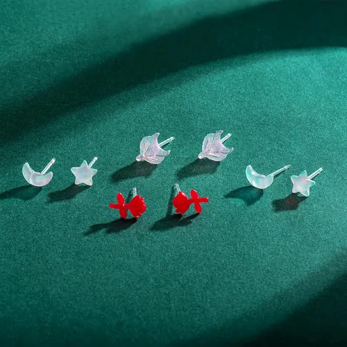 Miniatura 4 de 4 pares de aretes de plástico lindos y ligeros para orejas sensibles (zorro y rosa, estrellas y luna), Resina Silicona Acrílico, No es una piedra