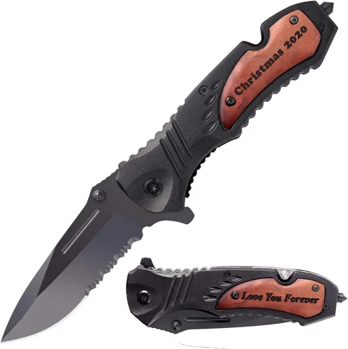 Cuchillos personalizados para hombres, cuchillo de bolsillo grabado personalizado, idea de aniversario de madera para él, idea de Navidad para