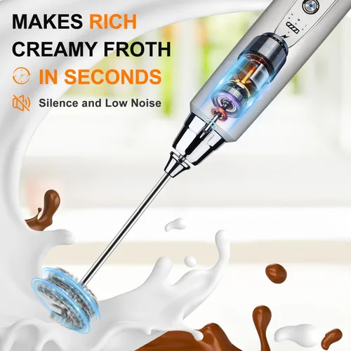 Miniatura 6 de YUSWKO Espumador de leche recargable de mano con 3 cabezas, batidor eléctrico de café plateado para bebidas, mezclador de espuma de mano mini con 3