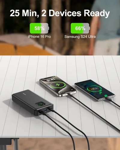 Miniatura 4 de Banco de energía de 65W, cargador portátil USB C para laptop de 25000mAh esencial para viajes, paquete de batería de carga rápida total de 100W