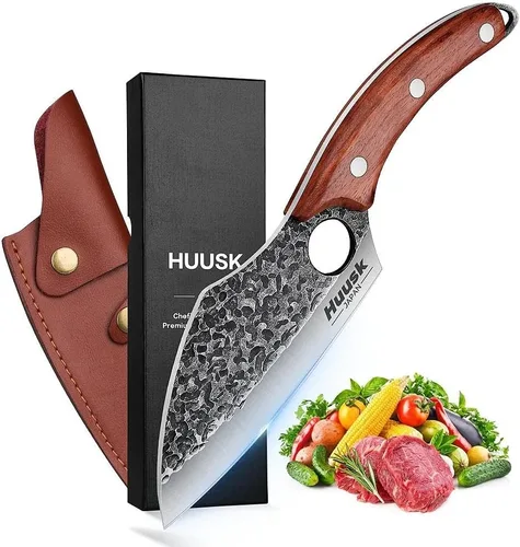 Huusk Cuchillo de Carnicero Forjado a Mano - Cuchillo de Carnicero para Cortar Carne, Cuchillo Vikingo de Cocina Japonés con Funda, Cuchillos de