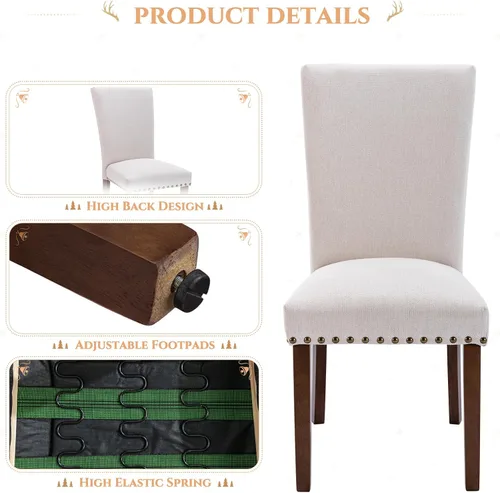 Miniatura 5 de COLAMY Juego de 2 sillas de comedor tapizadas, sillas laterales estilo Parsons con ribete de cabeza de clavo y patas de madera maciza, cómoda tela