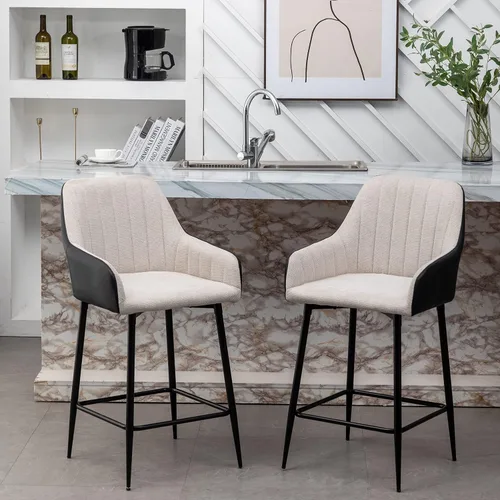 Miniatura 2 de BTEXPERT Juego de 2 sillas de bar tapizadas de alta calidad Earth Tone de 25 pulgadas con respaldo alto, tela beige acolchada con piel sintética