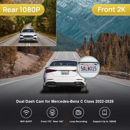 Miniatura 2 de Fitcamx Cámara de tablero delantera 2K+trasera 1080P para Mercedes-Benz Clase C C300 (HD2-6329) Sedan Coupe Cabriolet 2022-2025, aspecto OEM, video