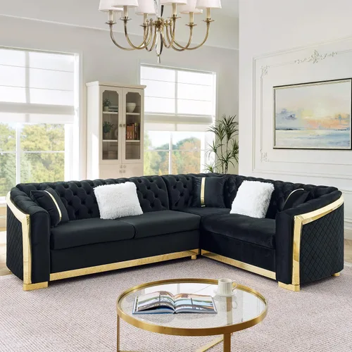 Miniatura 9 de KEIKI Sofá Chesterfield de terciopelo de lujo de gran tamaño de 81 pulgadas con decoración de acero inoxidable dorado, sofá de 3 plazas