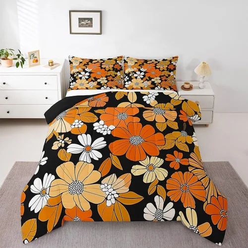 Miniatura 9 de Juego de ropa de cama floral retro, tamaño individual, vintage de los años 70 y 60, juego de edredón para niños, adultos y adolescentes, juego