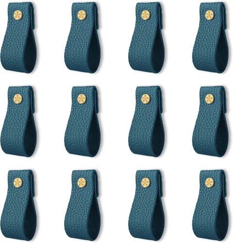 Miniatura 8 de Tiradores de cuero para cajones, 12 tiradores de cuero, pomos de cuero hechos a mano, tiradores de cajón para gabinete, cajones y armarios (azul)