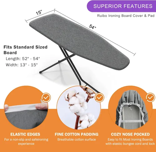 Miniatura 3 de Cubierta y almohadilla para tabla de planchar Ruibo, acolchado extra grueso y resistente de 4 capas, resistente a quemaduras y manchas, borde