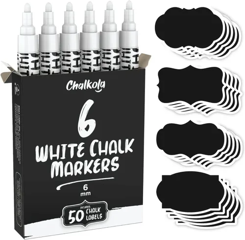 Chalkola Marcadores de tiza blanca (paquete de 6) – Bolígrafos de tiza líquida de borrado en seco blanco para pizarra, pizarra, ventana, bistró, 6