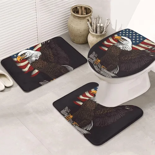 Miniatura 3 de Juego de 3 alfombras de baño con estampado de águila patriótica de Estados Unidos con estampado de bandera estadounidense, tapete de contorno