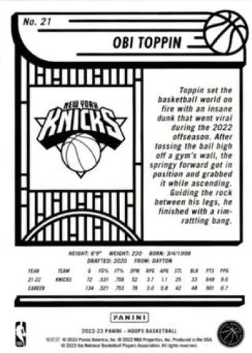 Miniatura 2 de Panini NBA Hoops #21 Obi Toppin New York Knicks 2022-23 - Tarjeta oficial de baloncesto de la NBA en estado crudo (NM o mejor)
