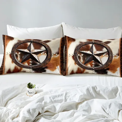 Miniatura 7 de Juego de ropa de cama de piel de vaca para niños y niñas, funda de edredón con estampado de estrellas de piel de vaca occidental, funda de edredón