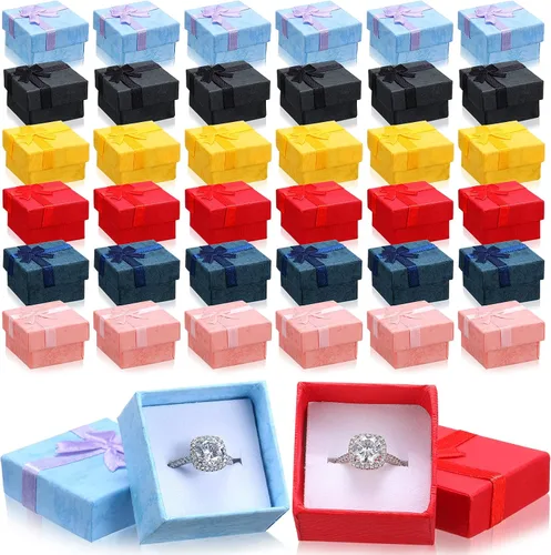 Miniatura 17 de Bucherry 72 cajas de anillos de 1.6 x 1.6 pulgadas, caja de joyería de cartón duro con lazo de cinta, pequeñas cajas de regalo para pequeñas Negro