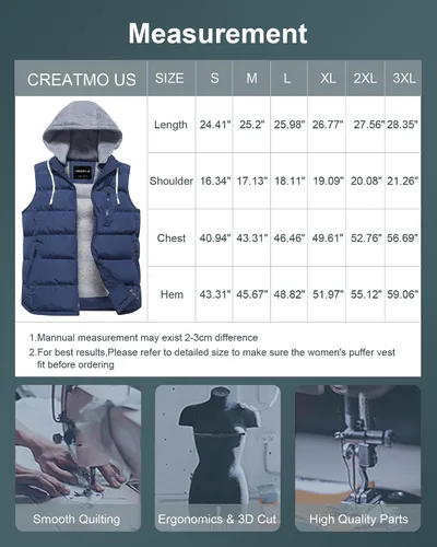 Miniatura 7 de CREATMO US Chaleco cálido para mujer, chaleco grueso acolchado sin mangas con capucha desmontable