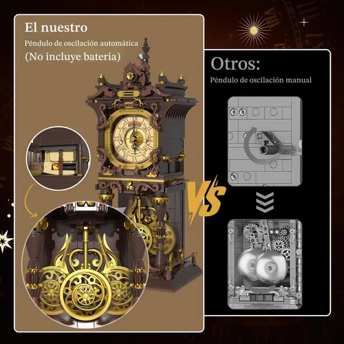 Miniatura 2 de Juego de bloques de construcción de reloj de péndulo vintage, péndulo móvil que funciona realmente y esfera giratoria, juguetes de bloques