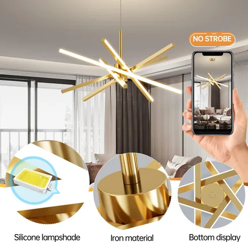 Miniatura 7 de Lámpara de araña Sputnik moderna de techo LED dorada de 82W, luz colgante de montaje empotrado, lámparas de araña para comedor, luminarias sobre 5