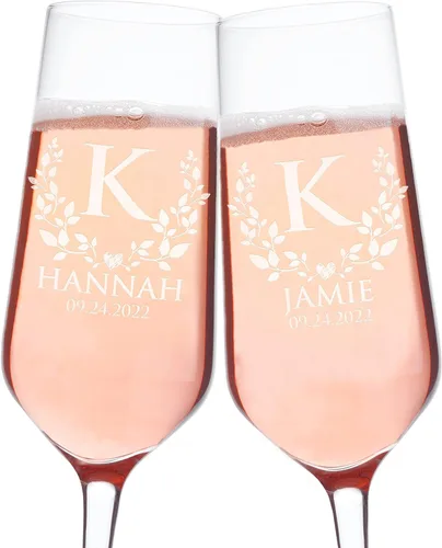 Juego de 2 copas de champán personalizadas para boda, copas de champán personalizadas para nombres de novios y citas con hojas y corazón, Mr Mrs