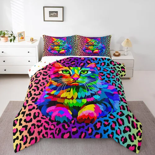 Miniatura 43 de Erosebridal Lindo juego de edredón de gato, tamaño individual, kawaii, fresa, juego de ropa de cama para niñas, diseño de arco iris, edredón rosa