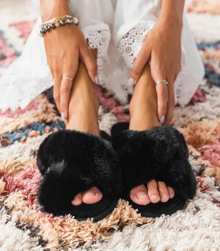 Miniatura 3 de Ankis - Pantuflas negras, grises y blancas para mujer, mullidas, afelpadas y cómodas con banda cruzada, espuma viscoelástica y punta abierta