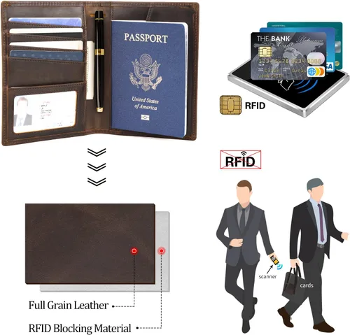 Miniatura 8 de Polare - Cartera de viaje de cuero de grano completo, plegable, funcional, delgada, con bloqueo RFID, soporte para pasaporte para hombres, Marrón