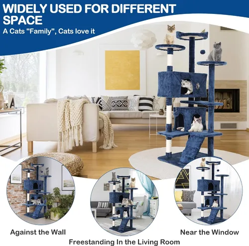 Miniatura 5 de Árbol para gatos, 54 pulgadas de alto con 3 postes rascadores, 3 plataformas, 2 condominios, para gatos de interior Azul marino