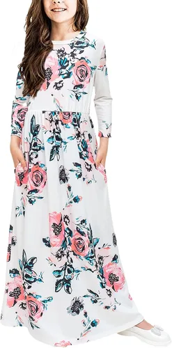 21KIDS Vestido largo floral de manga larga 3/4 con bolsillos para niñas de 6 a 12 años