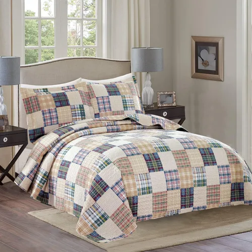 Miniatura 10 de Juego de colcha tamaño queen de Ycosy, ropa de cama a cuadros, colcha de retazos, colcha suave y ligera, colcha a rayas grises y blancas, colcha
