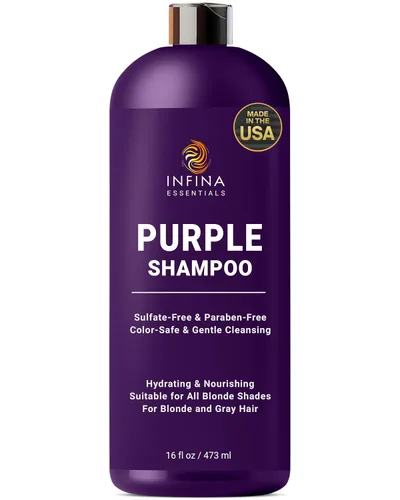 INFINA ESSENTIALS Champú morado para cabello rubio, gris, cobrizo y teñido sin sulfatos, enriquecido con té verde y manzanilla y aceite de aguacate,
