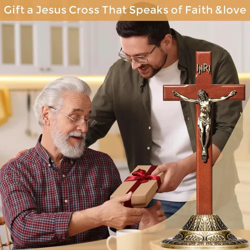 Miniatura 5 de ACHIBANG Crucifijo de pared de 12 pulgadas con soporte, cruz de Jesús católica de pie y colgante de madera con INRI para el hogar o la sala