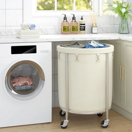 Miniatura 6 de ELYKEN Cesta de lavandería con ruedas, cesta de lavandería rodante de 170L con bolsa extraíble y marco de acero, carrito de lavandería redondo con 4