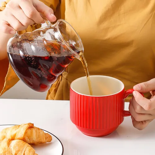 Miniatura 6 de Hasense Tazas de café rojas, juego de 4 tazas de café apilables de 15 onzas con estante – Juego de tazas de latte de cerámica grandes y acanaladas