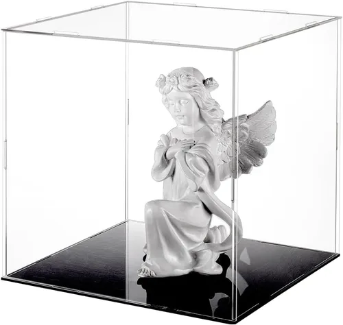 FINGERINSPIRE Vitrina de acrílico transparente con base negra y 4 anillos de goma de 10 x 10 x 10 pulgadas, caja de acrílico transparente de