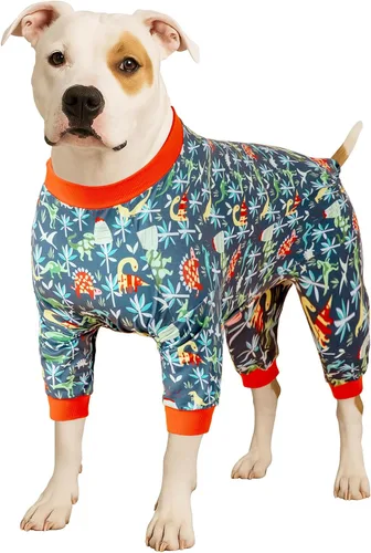 LovinPet Sudadera para perro, tela elástica ligera, estampado de dinosaurio verde oscuro, protección solar, camisa para aliviar la ansiedad de las