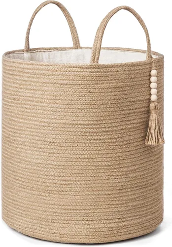 Mkono Cesta Alta de Mimbre para Ropa Sucia Cesta de Almacenamiento Tejida Cesta Decorativa de Cuerda Natural Decoración de Cuentas de Madera para