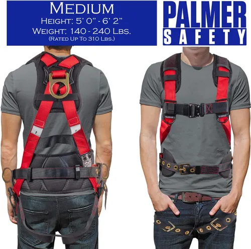 Miniatura 8 de Palmer Safety Kit de protección contra caídas, arnés de seguridad de 5 puntos, cordón de doble pierna de 6 pies, extensor de anillo en D de 18 Rojo
