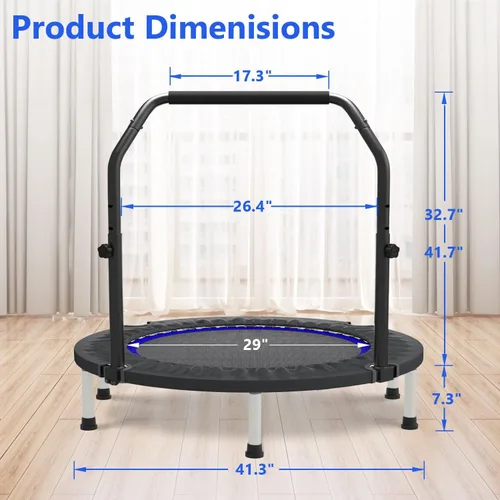 Miniatura 6 de HYD-Parts - Trampolín mini plegable de 40" o 48" para adultos y niños, rebotador de ejercicio con barra ajustable, trampolín de fitness