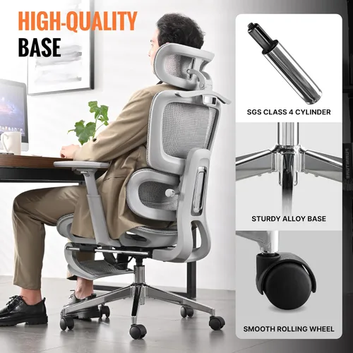 Miniatura 6 de Silla de oficina ergonómica, silla de escritorio de malla para el hogar, cómoda silla de juegos con reposapiés, ruedas, reposacabezas 2D ajustable