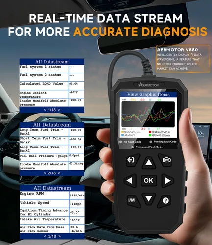Miniatura 7 de Escáner OBD2, V880 - Lector de código de coche con luz de control del motor con reinicio, datos gráficos en vivo 4 en 1, prueba de smog I/M, escáner
