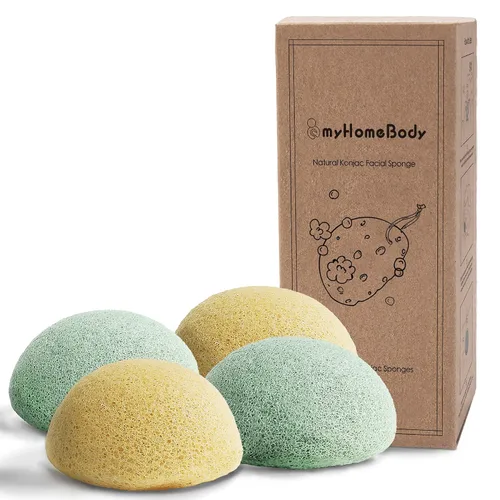 Miniatura 10 de myHomeBody Esponjas faciales naturales de Konjac - para una limpieza y exfoliación facial suave - con carbón activado y aloe vera, juego de 4