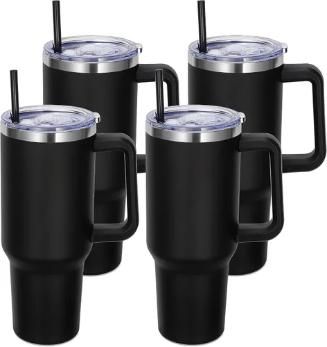 Miniatura 9 de DOMICARE Vaso de 40 oz con asa y pajita, vaso de acero inoxidable con tapa y pajita, reutilizable, aislado al vacío, taza para café de viaje