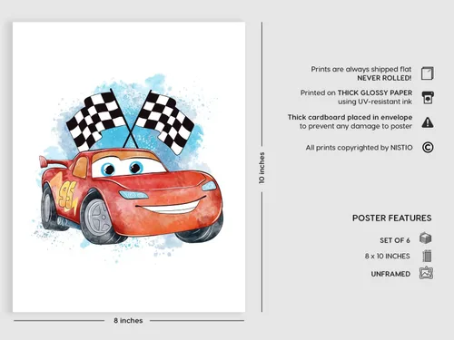 Miniatura 2 de Nistio® Impresiones de póster de película de autos, decoración de arte de pared de póster de película de autos, Lightning McQueen, juego de 6, 8 x