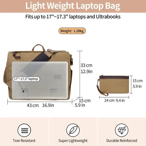 Miniatura 6 de NerIion Bolsa de Mensajero para Hombres de 17-17.3 Pulgadas, Bolsa de Laptop de Lona Resistente al Agua, Bolsa de Hombro, Maletín de Trabajo, Marrón